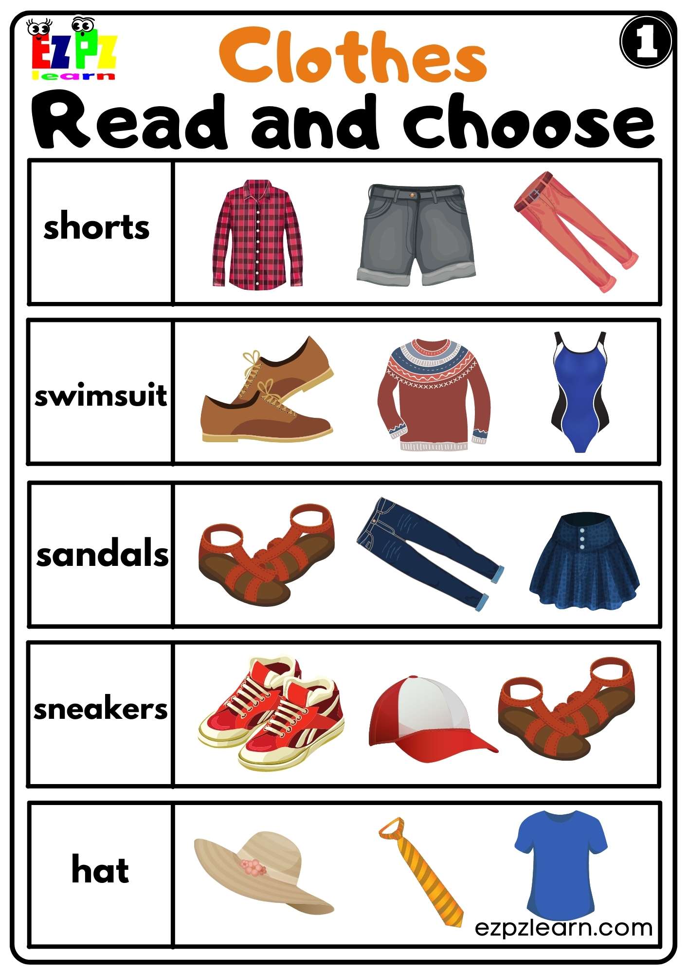 Clothes Read and Choose Worksheet Kindergarten K5 and ESL set 1